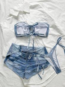 Swim Mod 3-Piece Set Denim Effect Bandeau Swimsuit For Summer Beach Vacation - Multicolor - View 2