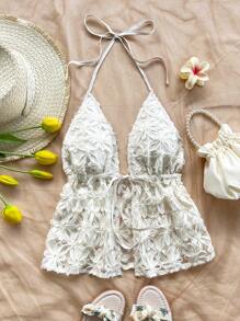 Soleia Women's Boho Halter Neck Woven Cami Top With 3D Floral Design And Ruffle Hem - Multicolor - View 6