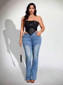 Viva Relle Plus Size Women Summer Fashionable Bow Decor Asymmetric Hem Tube Top - Black - View 5