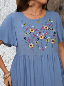 EMERY ROSE 大码女式夏季度假蓝色刺绣连衣裙 - 藍色 - 查看 6