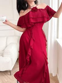 Feyla 女式纯色 3D 花卉装饰露肩荷叶边下摆优雅长裙 - 紅色 - 查看 7