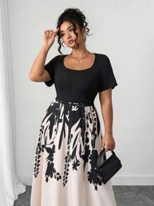 Elenzga Women Spring/Summer Mixed Floral Print Tie Front Crew Neck Short Sleeve Dress - Multicolor - View 6