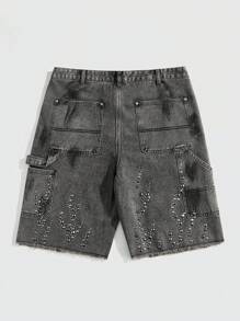 ROMWE MEN Street Life Men's Grunge Diamond Flame Print Cargo Denim Shorts - Dark Grey - View 4