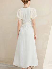 Aveloria Elegante vestido maxi de línea A para mujer con cuello cuadrado francés, mangas farol semi transparentes de gasa con parches, cintura recogida