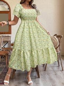 EMERY ROSE Plus Size Vacation/Leisure Ditsy Floral Print Dress With Cinched Waist Maxi Women Outfit