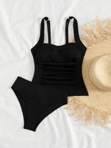 Swim Lushoire Women 2pcs Solid Color Spaghetti Strap Backless Tankini Swimsuit With High Waist Bottoms, Beach Vacation For Summer - Black - View 7