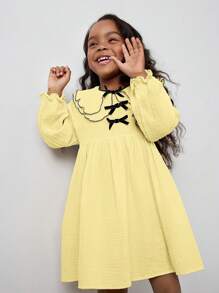 Maija Kids Maija Kids Young Girl Loose Casual Layered Peter Pan Collar Bow Decor Long Sleeve Dress