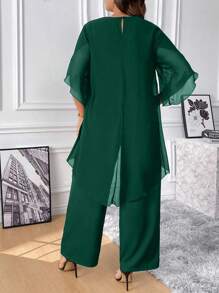 SHEIN Clasi 2pcs/Set Gaun Elegan Wanita Ukuran Plus Bahan Chiffon Leher Bulat Berpayet Lengan Bentuk Kerang - Hijau - View 2