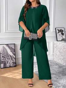 SHEIN Clasi 2pcs/Set Gaun Elegan Wanita Ukuran Plus Bahan Chiffon Leher Bulat Berpayet Lengan Bentuk Kerang - Hijau - View 3