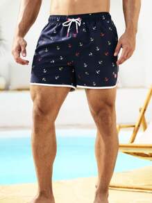 Manfinity VDAYZ Pantalones cortos casuales de playa para hombre con cordón en la cintura e impresión de ancla