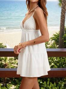 SHEIN Unity Women's Casual Vacation Versatile Fashion Daily Solid Color Lace Patchwork Embroidery V-Neck Slip Dress, Spring/Summer - White - View 4