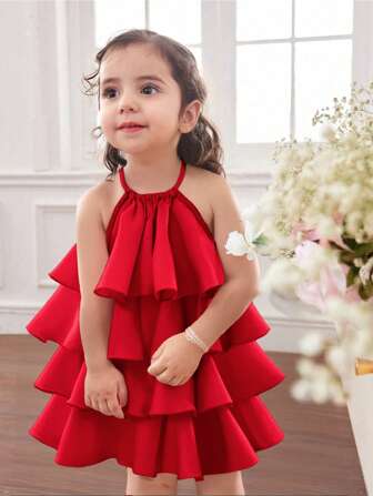 Babygirl 可爱红色优雅欧根纱迷你连衣裙，夏季
