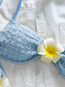 Swim Mod 2pcs/Set Summer Beach Vacation Solid Textured Fabric Floral Decor Spaghetti Strap Bandeau Bikini Set