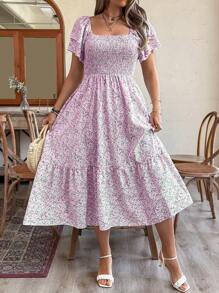 Weeklong 大码度假/休闲碎花印花连衣裙，束腰超长女装 - 玫紅色 - 查看 6