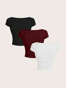 SHEIN EZwear 3 件女士休闲 U 领褶皱修身短袖 T 恤，适合夏季 - 彩色 - 查看 2