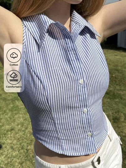 CovetEZ Blusa de mujer tejida a rayas azul marino y blanco