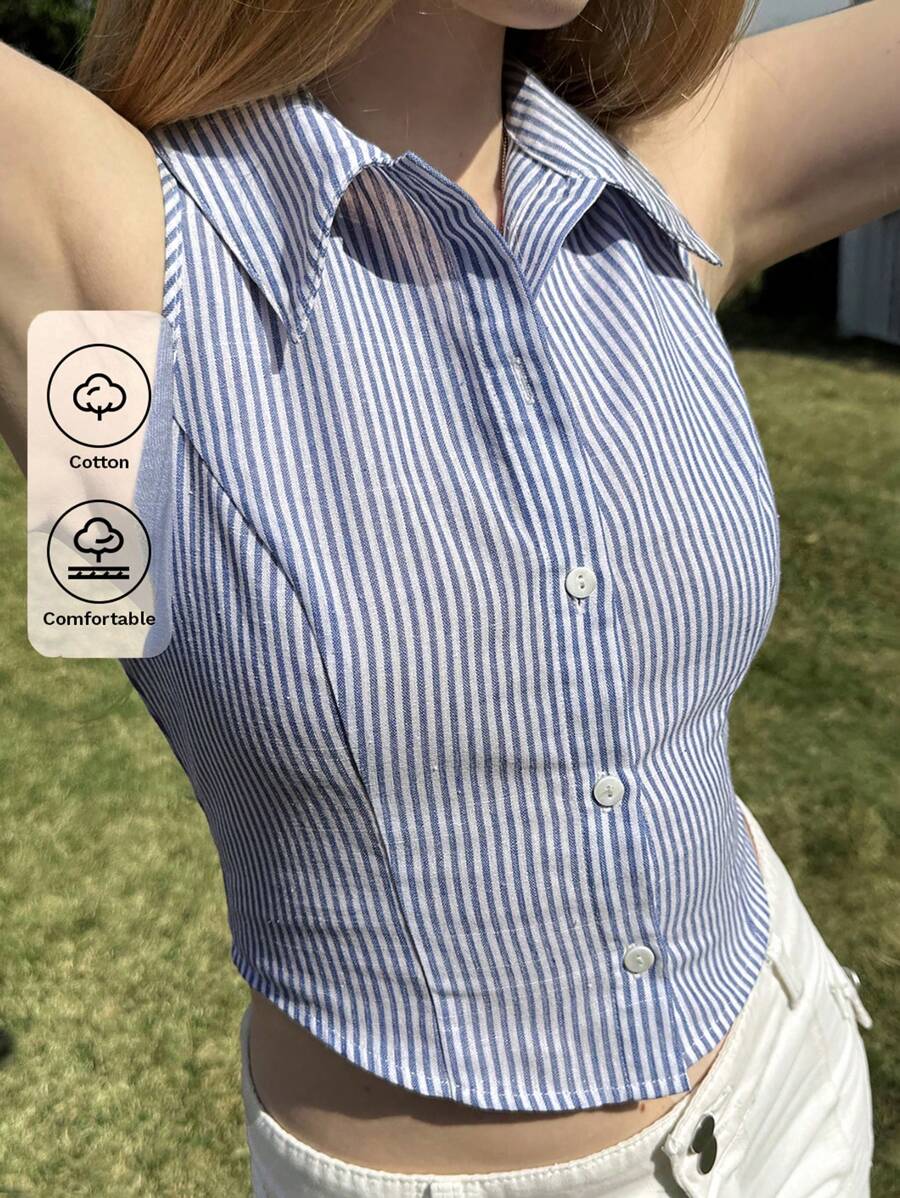 CovetEZ 海军蓝和白色条纹梭织女式衬衫 - 藍白色 - 查看 1