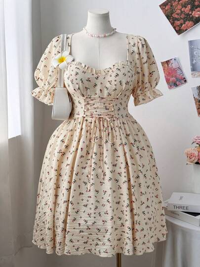 Flirla Plus Size Women Summer Elegant Ditsy Floral Tie Waist Puff Sleeve Dress