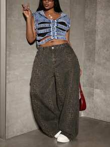 Slaydiva Giacca di jeans con cappuccio senza maniche, bottoni frontali e design traforato, adatta a taglie comode