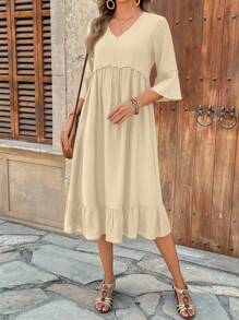 EMERY ROSE Women's Mid-Length Solid Color Long Sleeve Dress, Fashionable For Summer - Apricot - View 6