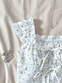 Teen Girl Summer White Ditsy Floral Bow Puff Sleeve Blouse, Versatile White Shirt, Sweet & Cute Summer Blouse