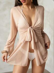Swim Chiccia Solid Color Knotted Sheer Deep V-Neck Long Sleeve Cover Up Kimono For Summer Beach Vacation - Apricot - View 4