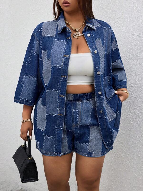 SHEIN SXY Plus Size Women Festival Personalized Jacquard Denim Shorts, Sexy Summer Baggy Jeans Modest Casual Clothes Summer Outfits For Women Festival Outfits Bermude Shorts