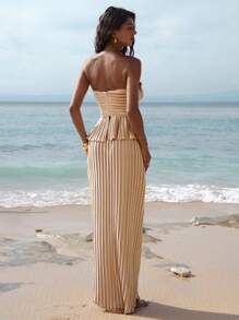 Opulessa 2pcs Women Solid Woven Bandeau Top & High Waist Mermaid Hem Skirt Set