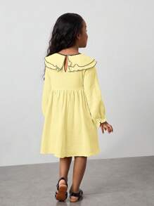 Maija Kids Maija Kids Young Girl Loose Casual Layered Peter Pan Collar Bow Decor Long Sleeve Dress