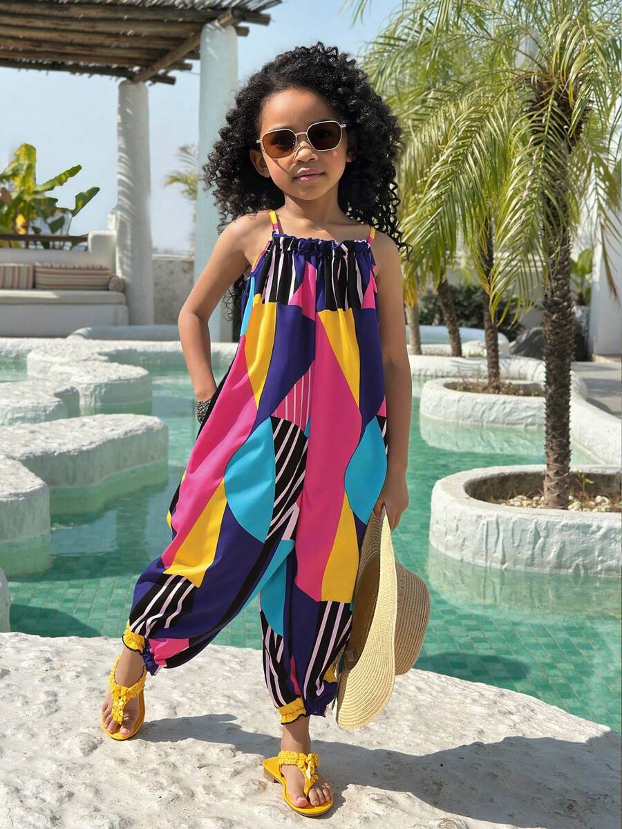 Young Girl Vacation Casual Fashion Ditsy Floral Sleeveless Jumpsuit - Blue - View 1