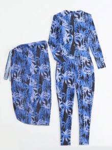 Swim Mulvari Ladies' Conservative Coconut Tree Print Long Sleeve Long Leg Skirt Burkini Swimsuit - Multicolor - View 6