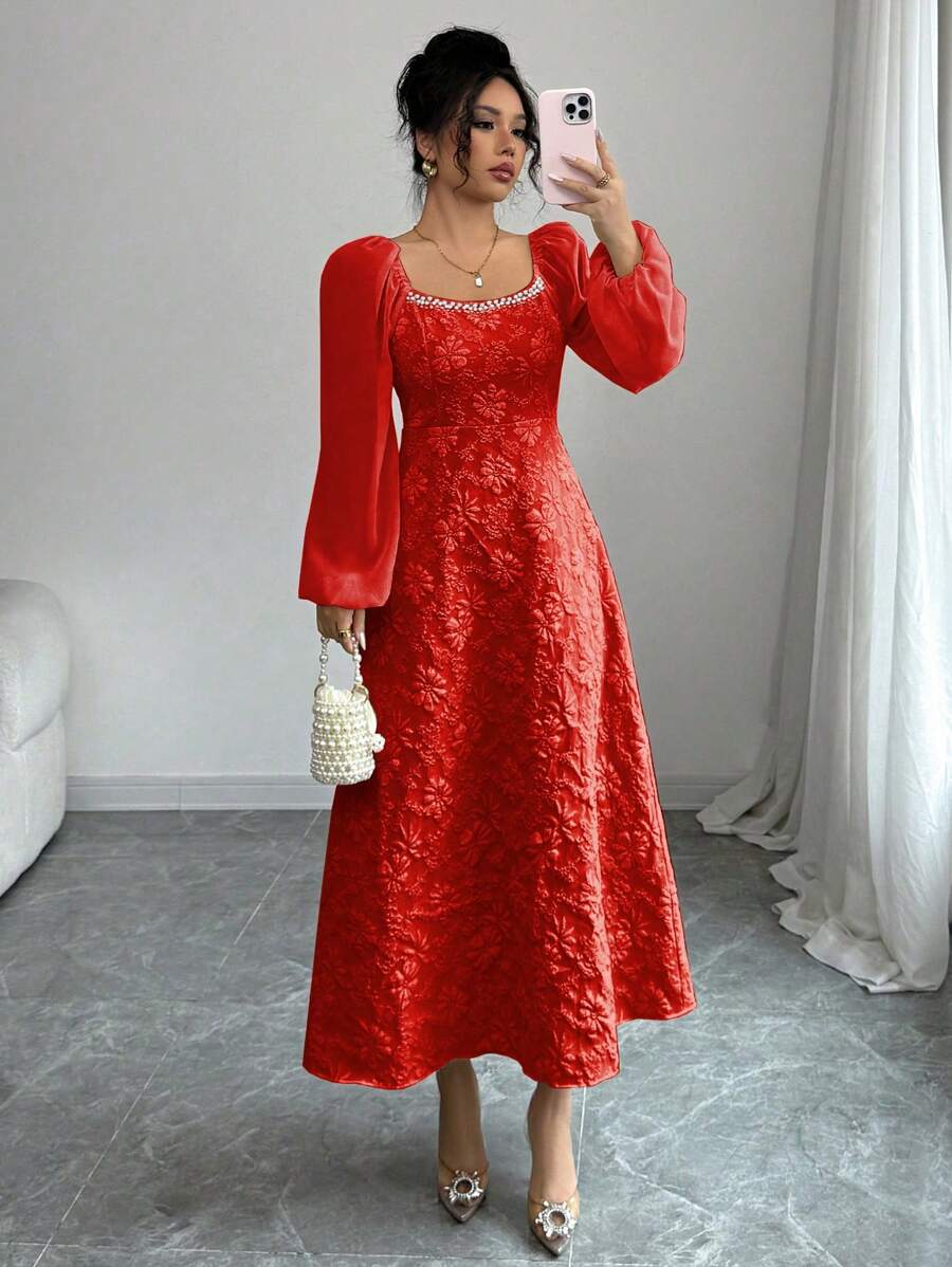 Modelyn Váy chữ A tay bèo nhún vải chiffon chắp vá jacquard dành cho nữ - Đỏ - Xem 1