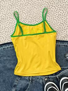 Top de tirantes casual con diseño gráfico vibrante de Brasil y contraste de color, top corto deportivo y de ocio ajustado, adecuado para el verano