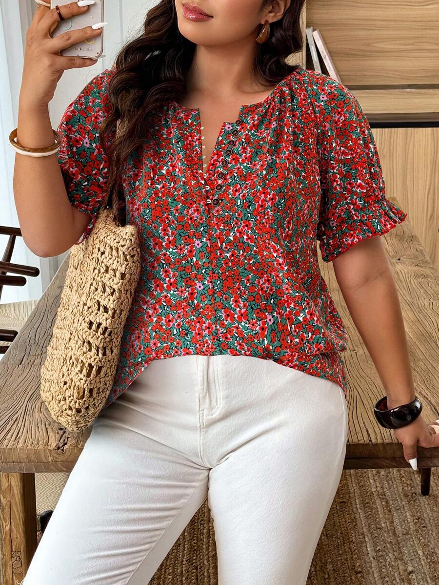 EMERY ROSE Camisa casual/vacacional de talla grande con estampado aleatorio - Multicolor - Ver 1