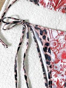 SHEIN Swim Conjunto de traje de baño para mujer con estampado de leopardo y de motivos botánicos