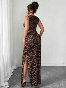 Elenzga 加大码豹纹背心和裙子两件套，性感又适合日常穿着和通勤 - 卡其色 - 查看 3