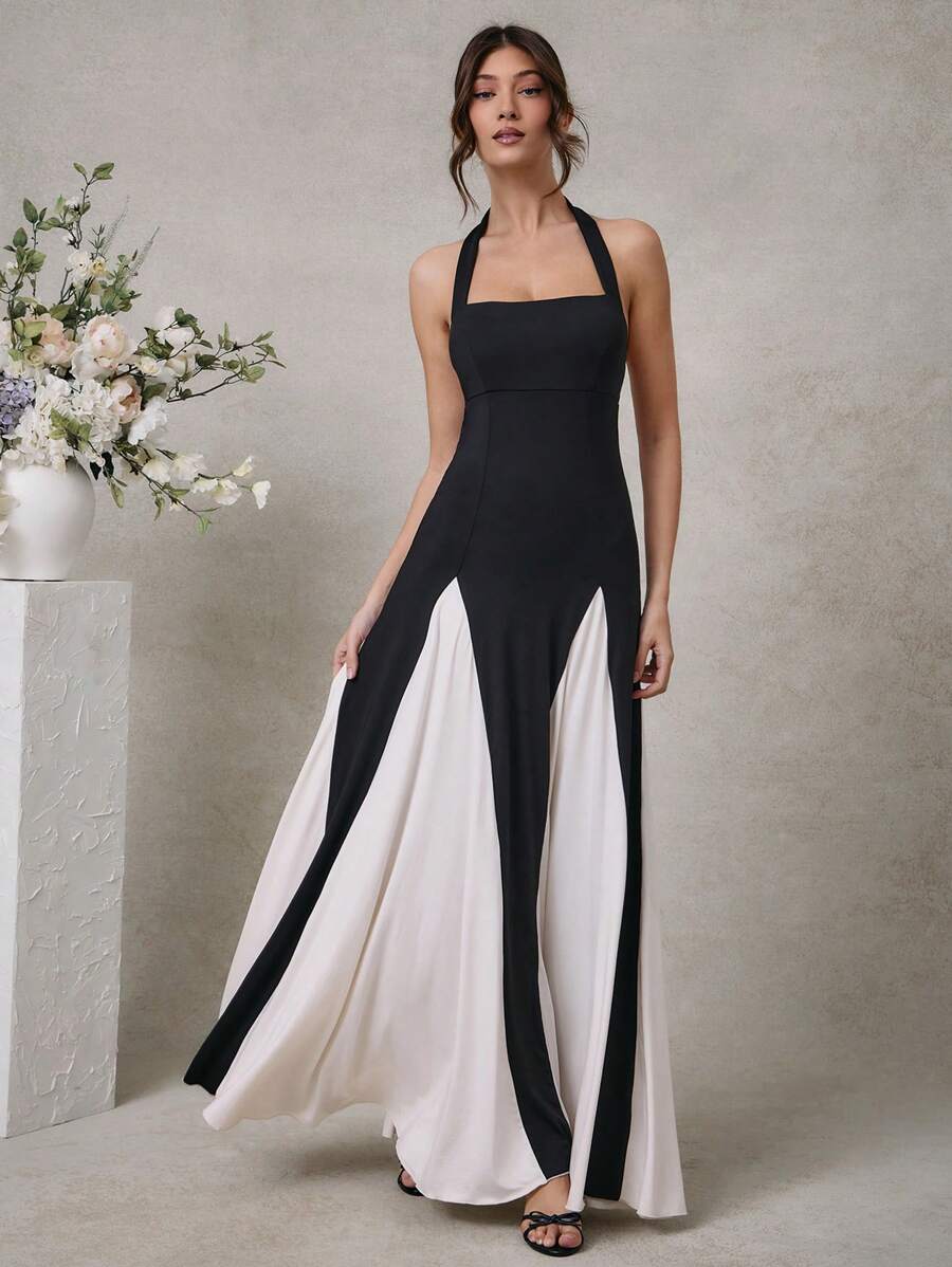 L'Amorae Women Halter Neck Black Maxi Dress With Beige Flares - Black and White - View 1