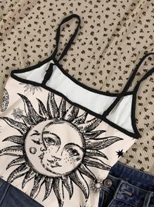 Attitoon Women's Casual Sexy Camisole Top, Sun & Moon Graphic Print, Color Block Spaghetti Straps, Suitable For Summer, Music Festivals - Multicolor - View 5