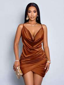 SOLERSUN Elegant Solid Color Draped Collar Backless Ruched Satin Party Bodycon Short Dress - Brown - View 5