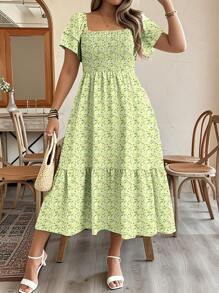 EMERY ROSE Plus Size Vacation/Leisure Ditsy Floral Print Dress With Cinched Waist Maxi Women Outfit