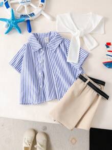 SHEIN 4pcs Summer Set Baby Boy Striped Short Sleeve Shirt, Elastic Waist White Shorts, Shawl, Gentleman Outfit With Belt, Suitable For Birthday Party, Evening, Performance, Wedding, Baby Shower, 1st Birthday - Multicolor - View 6