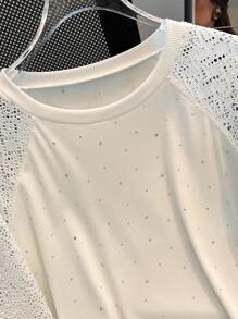 Franclia Casual Rhinestone Lace Hollow Women Sweatshirt - White - View 5