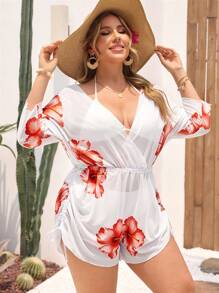 Swim Vcay Blusón estampado de manga corta con talle para mujer de talla grande como protección solar para la playa