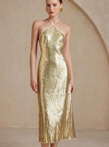 Aveloria Rosie فستان ماكسي مناسب للحفلات بتصميم أنيق مع فتحة للرقبة عند الياقة وألوان متكتلة مع فيونكة خلف ظهر غير متماثل، مزين بالخرز والترتر، للنساء - الذهبي - مشاهدة 4