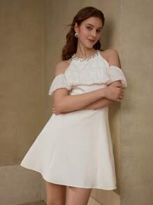 MOTF PREMIUM BEADED COLD SHOULDER DRESS - White - View 3