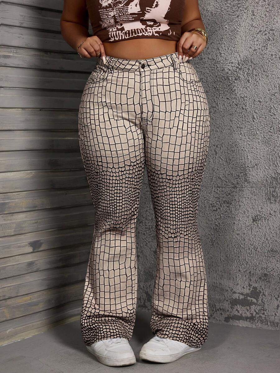 SHEIN SXY Plus Size Women's Summer Fashion Thin Laser Print Alligator Pattern Bootcut Jeans  Summer Outfits For Women Festival Outfits  Cowgirl Outfits For Women Flare Jeans Women Work Outfits