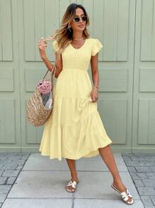 SHEIN LUNE Butter Yellow Romantic Spring Date Ruffled Flounced Hem Pink Mid-Length Dress For Women,Bohemia,Summer Dresses For Women