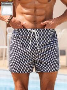 Manfinity Swimmode Men's Summer Holiday Plaid Drawstring Waist Beach Shorts, Hawaiian