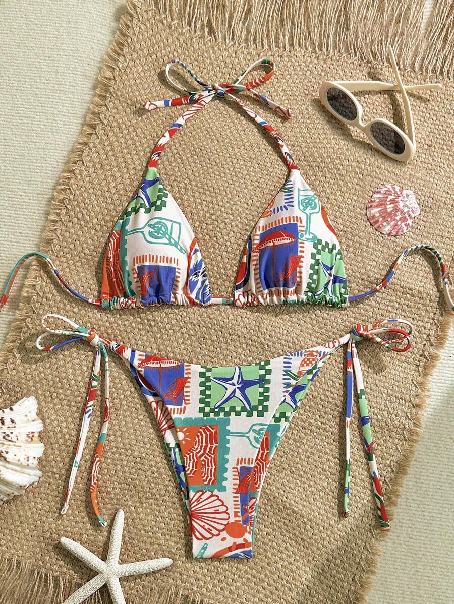 Soleia Swimsuits Bathing Suits For Women Beach Outfits For Woman Vacation Outfits Women Women Summer Clothes Rave Outfits Festival Beach Outfits  Bikini Set Women's Coconut Tree & Island Print Halter Neck Tie Bikini Set For Beach - Multicolor - View 1