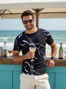 Manfinity Swimmode Men's Full Print Round Neck Short Sleeve Swimwear Rashguard, Hawaiian - Black - View 1